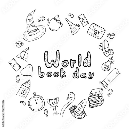 World book and copyright day doodle. Magic stories of Harry Potter, Alice in   Wonderland, the wizard of oz.Literacy Day. Vector illustration. You can use   the print for invitations, postcards, t-shi photo