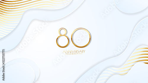 80th anniversary celebration. Golden number with realistic fluid white background. Realistic 3D sign modern elegant can be used for a company or wedding. editable design vector EPS 10.