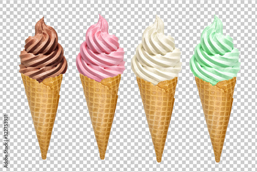 Strawberry, vanilla, mint and chocolate whip soft ice creams or frozen custard in cone on isolated background. Including clipping path.