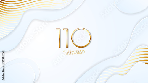 110th anniversary celebration. Golden number with realistic fluid white background. Realistic 3D sign modern elegant can be used for a company or wedding. editable design vector EPS 10. photo