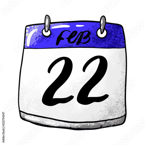 Calendar with the date of February 22 on a white background. Holiday International Day for the Support of Victims of Crime, Shrovetide in Denmark and Norway. Vector stock illustration.