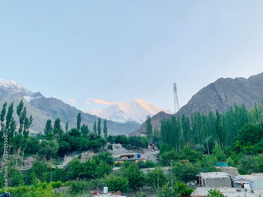 hunza valley view with ice mountain