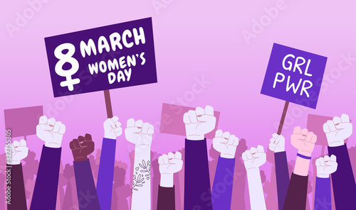 Vector flat design of a feminist manifestation for women's day. March 8 women's day and girl power