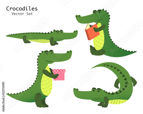 Alligator collection vector set. Crocodiles characters with book and gift.