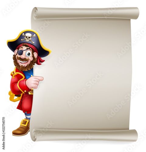 A pirate captain cartoon character peeking around a scroll sign background and pointing at it