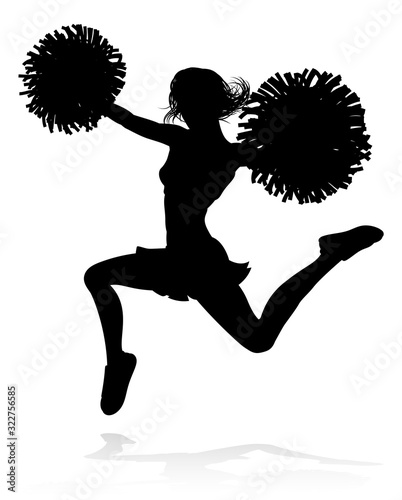Sports cheerleader in silhouette with pompoms