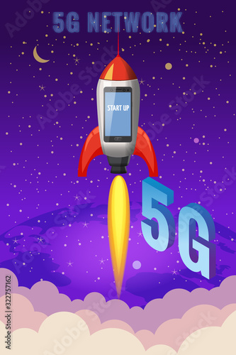 Smartphone rocket is flying in the sky start up. 5G internet new mobile wireless technology wifi connection