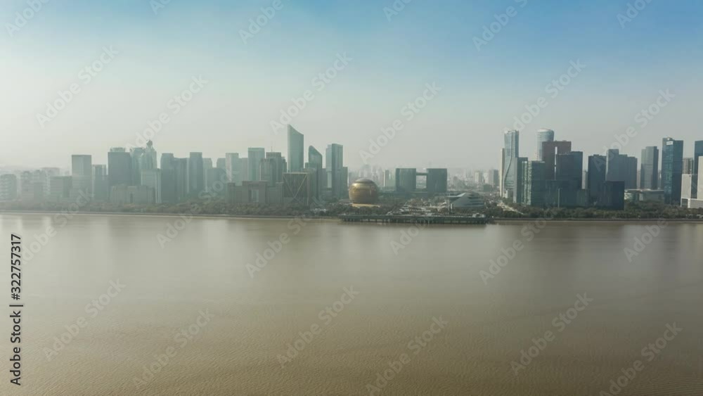 sunny day hangzhou city downtown view riverside bay aerial timelapse panorama 4k china sunny day hangzhou city downtown view riverside bay aerial timelapse panorama 4k china