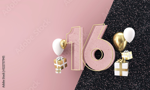 Happy 16th birthday party celebration. Modern marble composition 3D Render photo