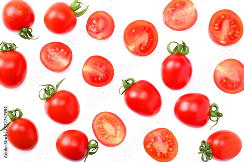 fresh tomato with slices isolated on white background. top view