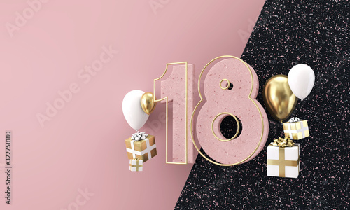 Happy 18th birthday party celebration. Modern marble composition 3D Render photo