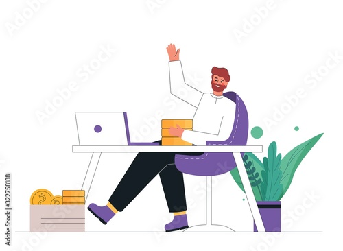 Flat cartoon vector illustration of a young businessman sitting, relaxing and making money passively. Finance, investment, wealth, passive income. Workplace with laptop, table, plant.  C