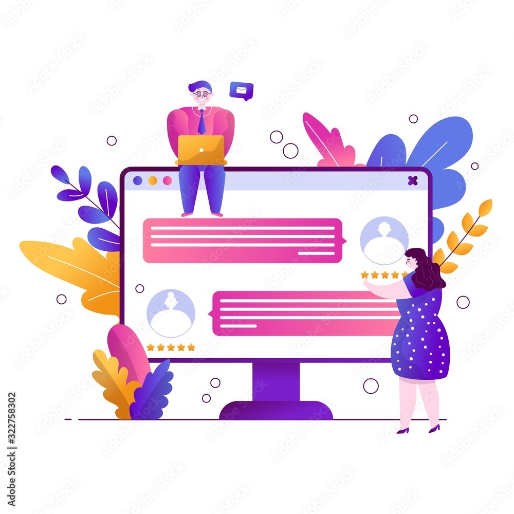Fototapeta premium guy sitting on a monitor with a laptop. The girl puts likes and adds to the favorites. Reads the chat. Online dating and smartphone apps. Vector flat trend illustration with botanical leaves