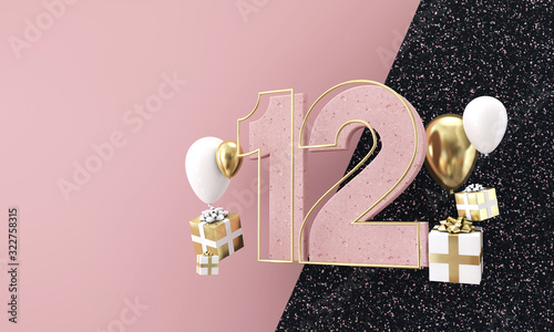 Happy 12th birthday party celebration. Modern marble composition 3D Render photo