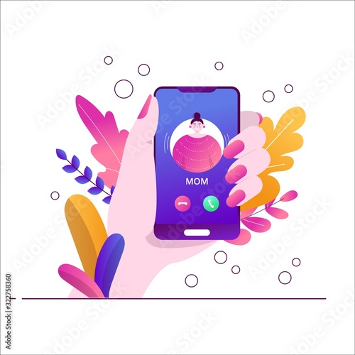 Mom's on the phone. Incoming call on the smratphone. The hand holds the phone. Flat trend botanical illustration with leaves on a white background.