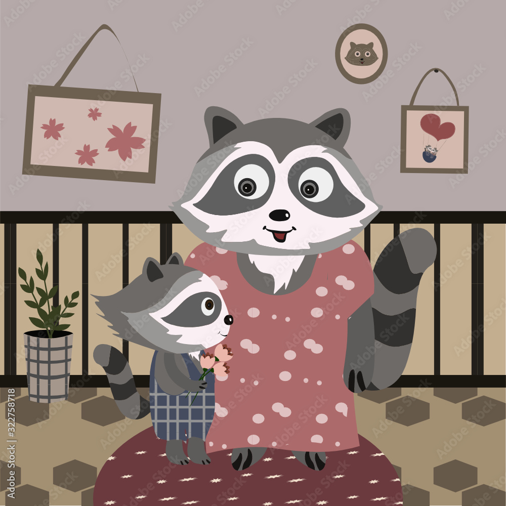 Greeting card Happy Mother's Day. Vector flat poster with mom and son raccoons. Greeting card Happy Mother's Day. Vector flat poster with mom and son raccoons.