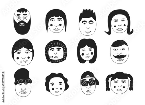 Set of people avatars for social media, website. Doodle portraits fashionable girls and guys. Trendy hand drawn icons collection. Black and white vector illustration.