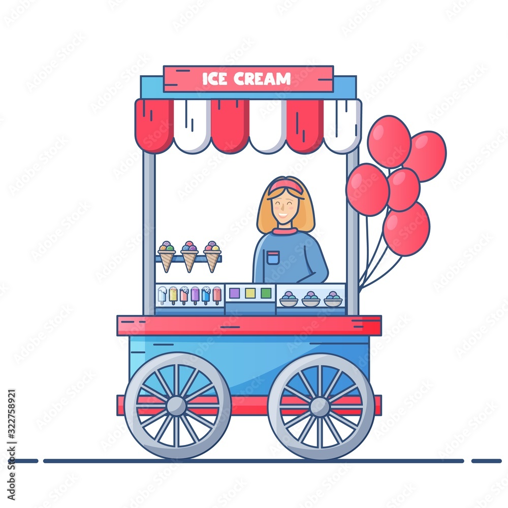 Ice cream seller cart sweet frozen kiosk street, summer shop of sweet cold  food. Cartoon style vector illustration on white background. Stock Vector |  Adobe Stock