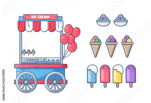 Collection of ice cream design elements, blue cart sweet frozen food kiosk. Cartoon style vector Illustration on white background.