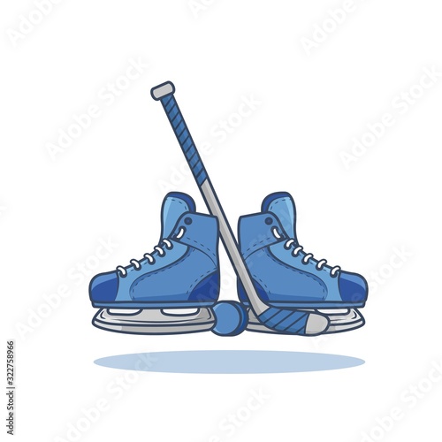 Set of hockey design elements - ice skating, stick, puck. Flat cartoon style vector illustration on white background. © christakhova