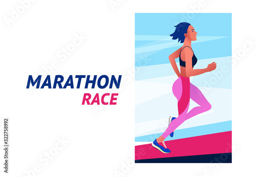 Running woman. Marathon race. Sports competition, workout or exercise, athletics. Active lifestyle. Colorful vector illustration.