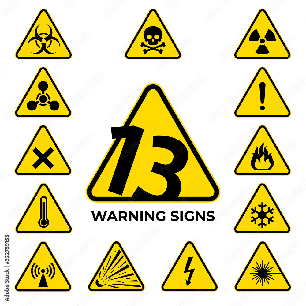 Set of hazard warning signs. 13 black yellow triangle warning safety and caution signs. Information security hazard vector symbol, icon. Baker's dozen. Vector illustration - obrazy, fototapety, plakaty 