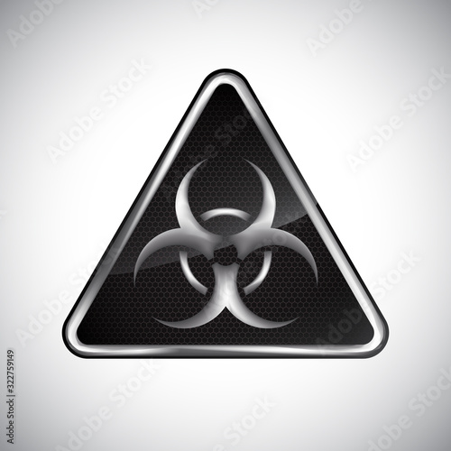 Caution biological hazard sign. Black and white metal warning bio hazard sign on white background. Information security biohazard symbol. Design protection icon, button. Science vector illustration