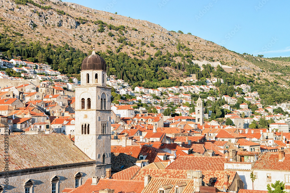 Panorama of Old town with church belfry in Dubrovnik