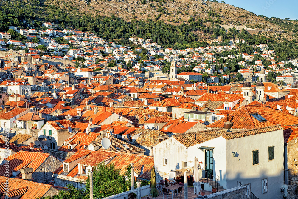 Panorama to Old city of Dubrovnik with red roof tile