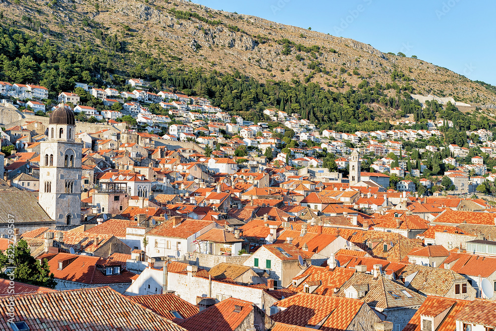 Panorama on Old city with church belfry in Dubrovnik