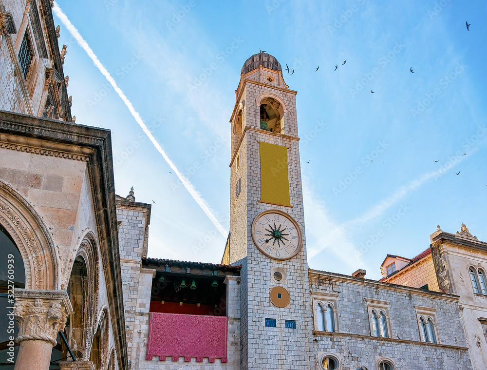 Belfry in Stradun Street in Old town Dubrovnik - obrazy, fototapety, plakaty 