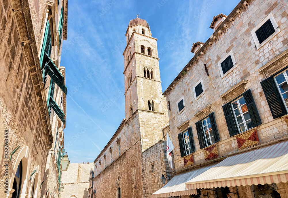 Belfry at Stradun Street in Old town Dubrovnik - obrazy, fototapety, plakaty 