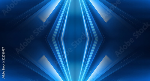 Dark empty abstract scene, rays of searchlights, neon blue light, highlights and lights. Night view of the scene, a tunnel with illumination. Dark background with spotlights.