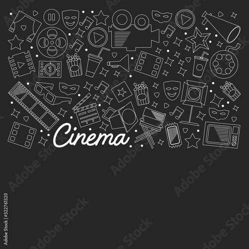 Cinema, video. Doodle set of vector icons. Megaphone, camera, movie. Musical theathre, entertaiment.