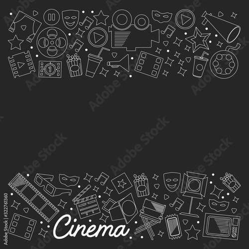 Cinema, video. Doodle set of vector icons. Megaphone, camera, movie. Musical theathre, entertaiment.