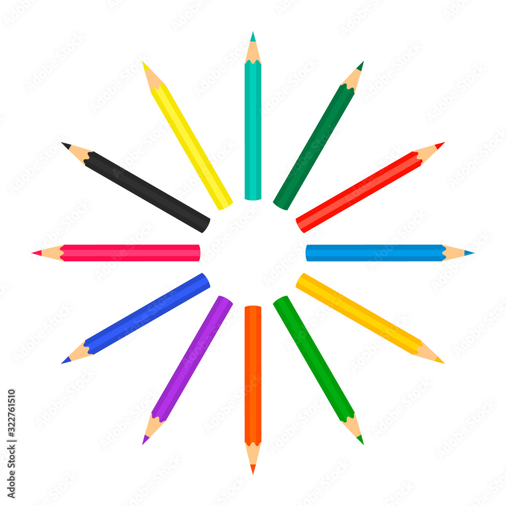 A set of colored pencils arranged in a circle. The concept is back to school.