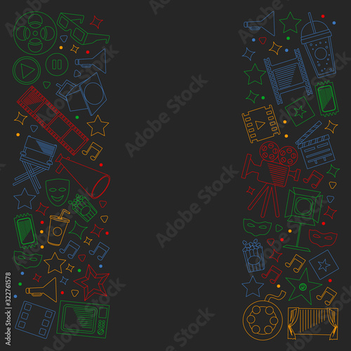 Cinema, video. Doodle set of vector icons. Megaphone, camera, movie. Musical theathre, entertaiment.