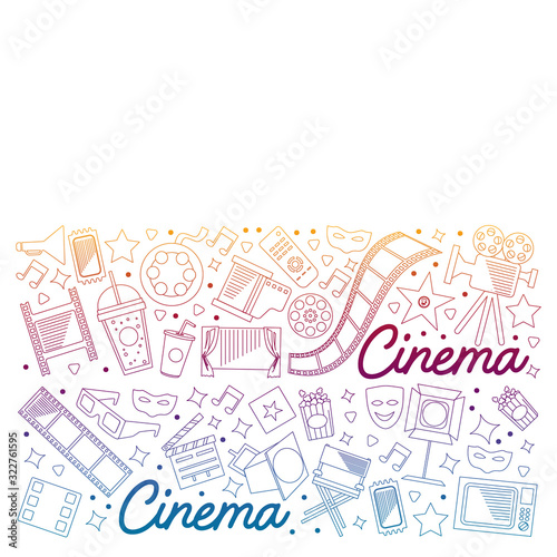 Cinema, video. Doodle set of vector icons. Megaphone, camera, movie. Musical theathre, entertaiment.