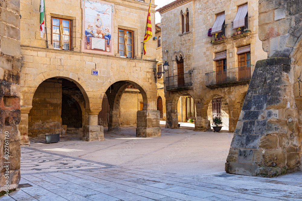 View of the square of the Church of Horta de Sant Joan, Catalonia, Spain.