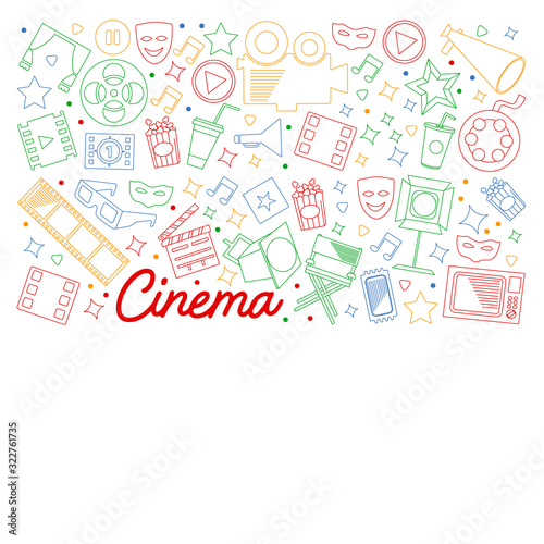 Cinema, video. Doodle set of vector icons. Megaphone, camera, movie. Musical theathre, entertaiment.