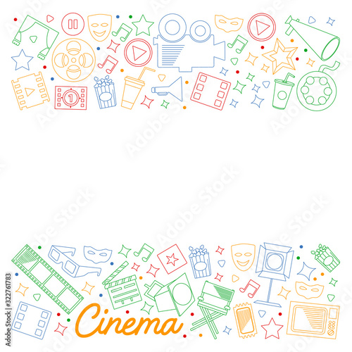 Cinema, video. Doodle set of vector icons. Megaphone, camera, movie. Musical theathre, entertaiment.