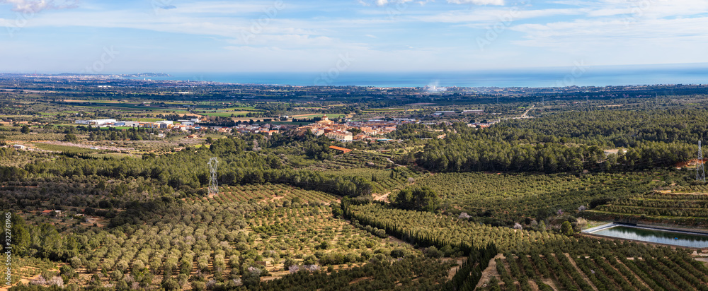Great panoramic view of the Costa Dorada seen from the Sanctuary of La Mare de Deu of Roca, Mont-roig, Catalonia, Spain