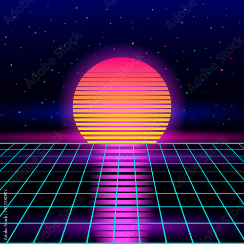 Retro sci-fi background of the 80s and 90s with sunrise or sunset retro sun. Futuristic synthesizer retro wave.
