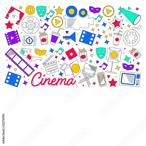 Cinema, video. Doodle set of vector icons. Megaphone, camera, movie. Musical theathre, entertaiment.