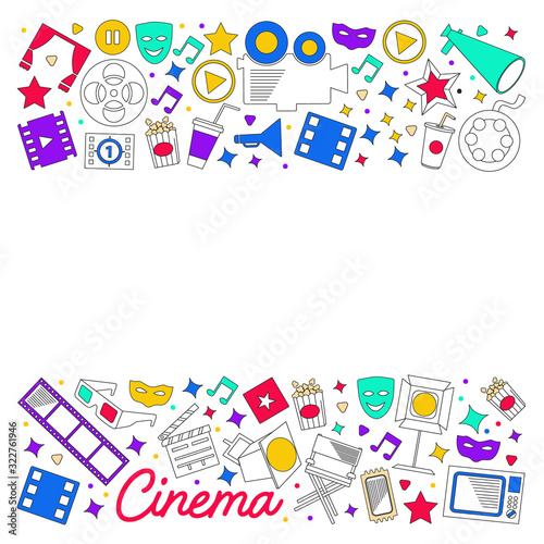 Cinema, video. Doodle set of vector icons. Megaphone, camera, movie. Musical theathre, entertaiment.