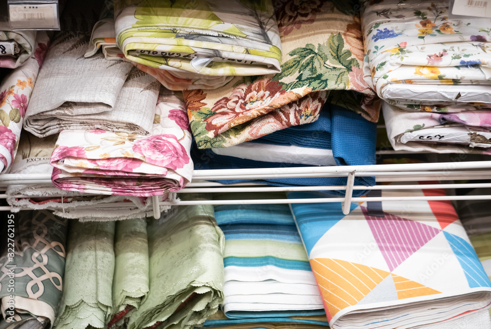 Rolls of fabric material in a textile shop Rolls of fabric material in a textile shop