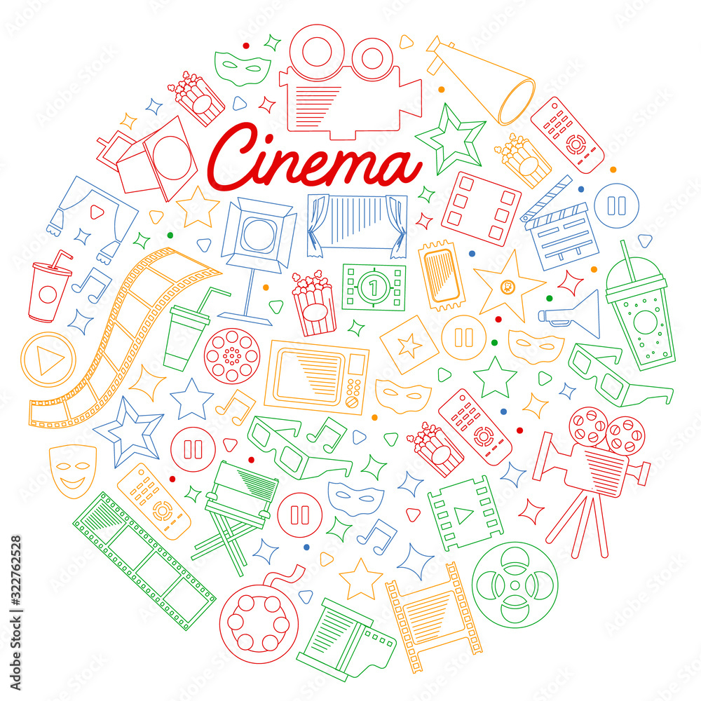 Vector pattern with cinema icons. Movie Theater, TV, popcorn, video clips, musical Vector pattern with cinema icons. Movie Theater, TV, popcorn, video clips, musical