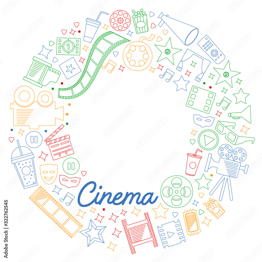 Vector pattern with cinema icons. Movie Theater, TV, popcorn, video clips, musical