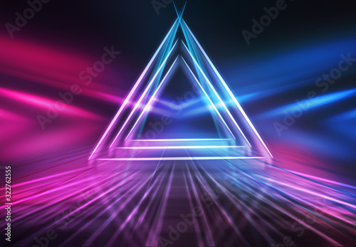 Dark abstract futuristic background. Geometric laser figure in the center of the stage. Neon blue-pink rays of light on a dark background