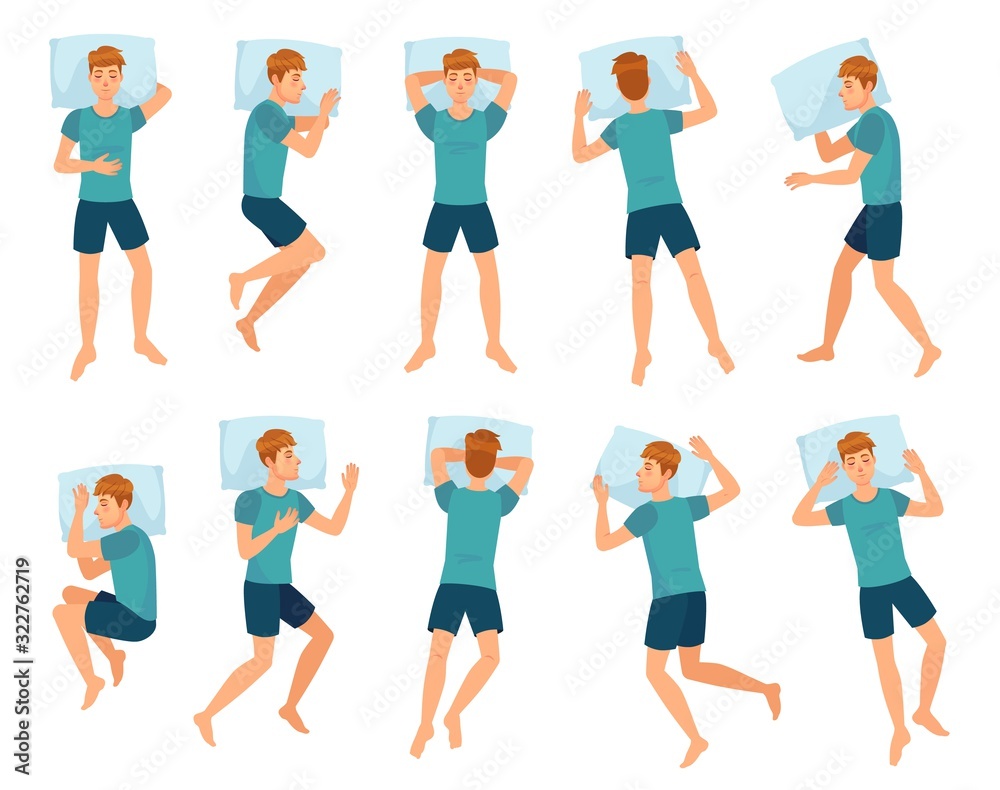 Man sleeps in different poses. Male character sleep, mans sleeping in bed top view vector illustration set. Collection of boy lying in various positions or postures during night rest or slumber.